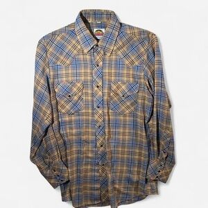 Vintage Plaid Pearl Snap Western Button Down Shirt in Blue and Tan